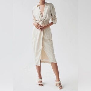 Anthropologie Graziella Twist-Waist Beige Long Sleeve Midi Dress